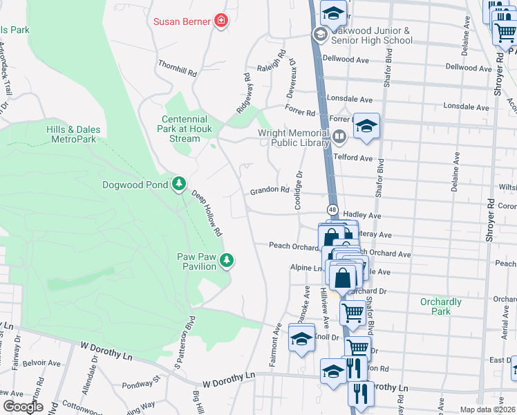 map of restaurants, bars, coffee shops, grocery stores, and more near 151 Hadley Road in Dayton