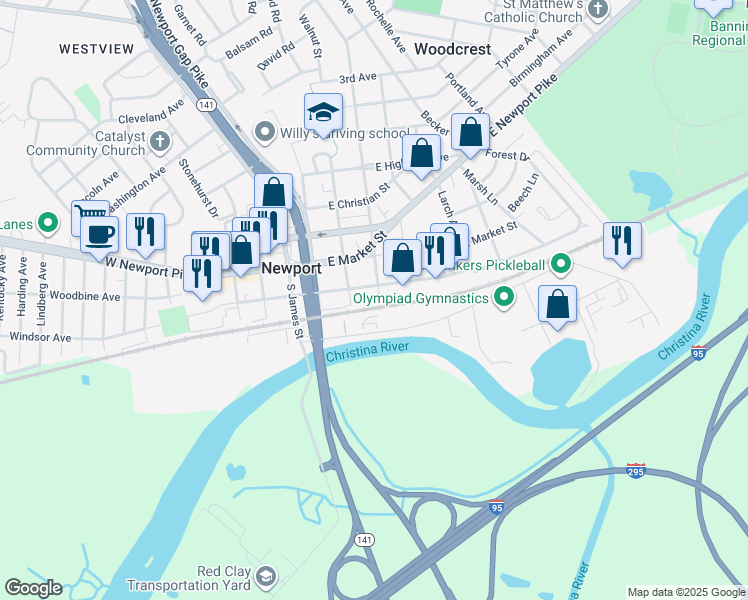 map of restaurants, bars, coffee shops, grocery stores, and more near 103 South Augustine Street in Newport