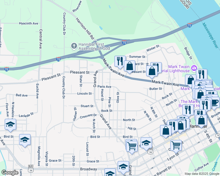 map of restaurants, bars, coffee shops, grocery stores, and more near 1501 Paris Avenue in Hannibal