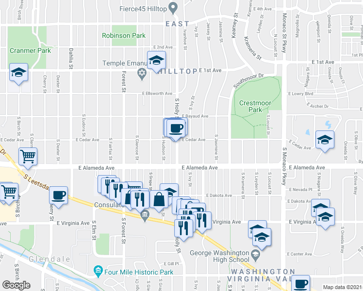 map of restaurants, bars, coffee shops, grocery stores, and more near 240 South Holly Street in Denver