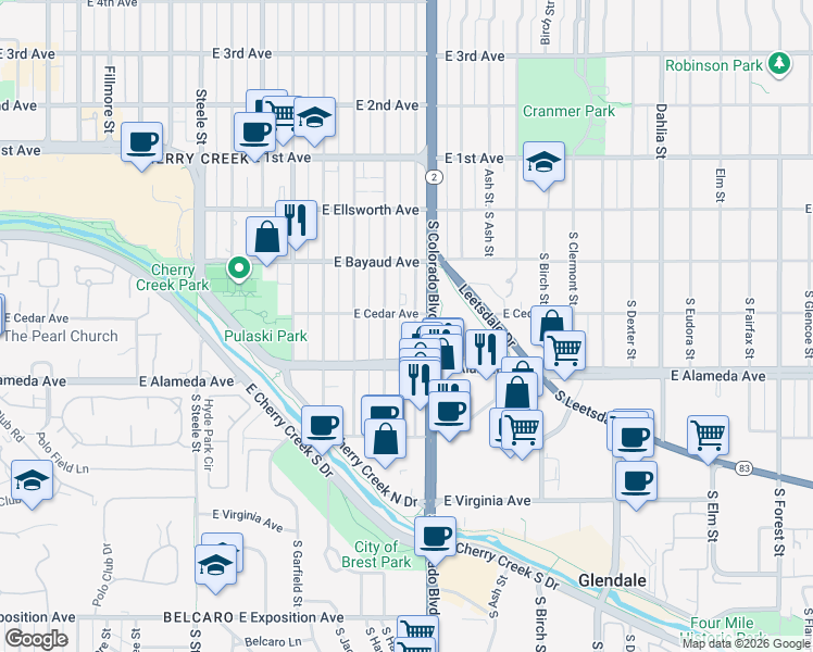 map of restaurants, bars, coffee shops, grocery stores, and more near 225 South Harrison Street in Denver
