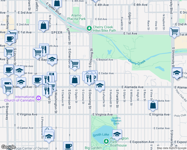map of restaurants, bars, coffee shops, grocery stores, and more near 1218 East Cedar Avenue in Denver