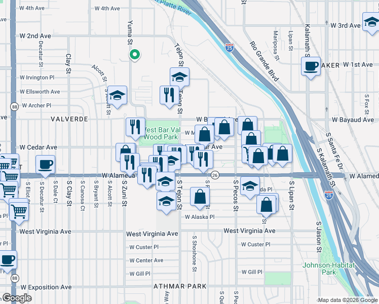 map of restaurants, bars, coffee shops, grocery stores, and more near 1575 West Byers Place in Denver