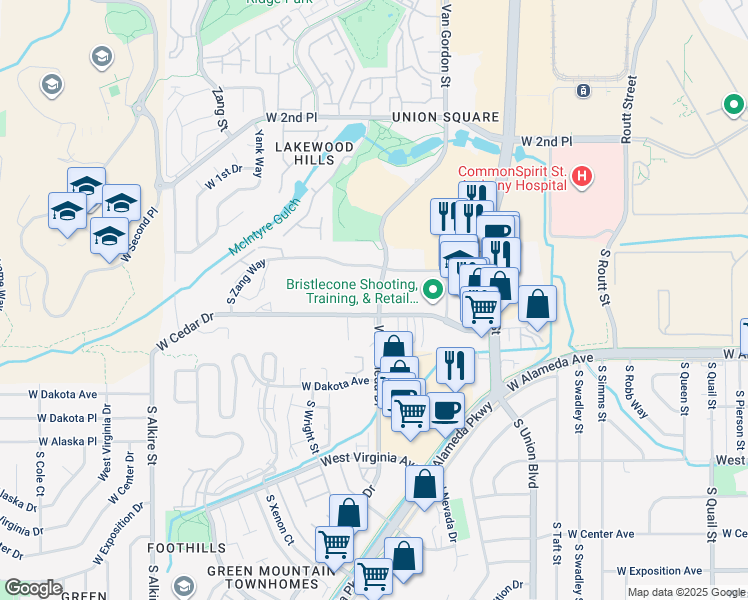 map of restaurants, bars, coffee shops, grocery stores, and more near 12177 West Cedar Drive in Lakewood
