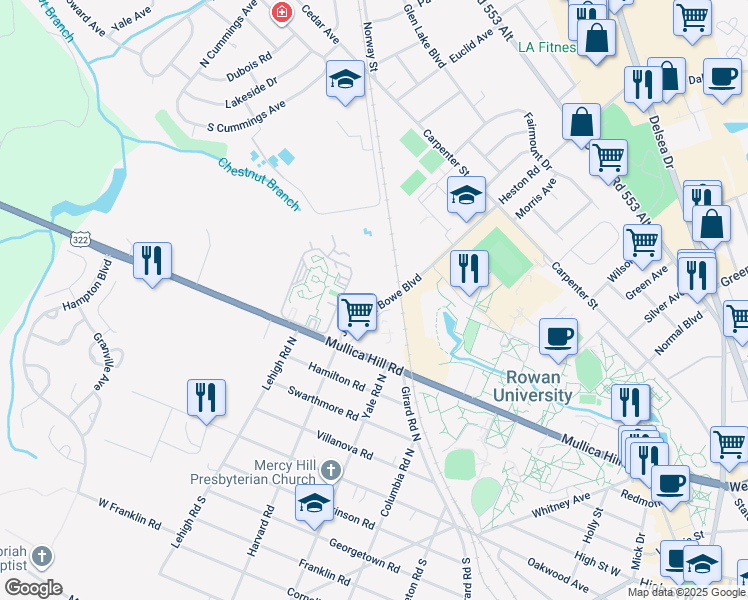 map of restaurants, bars, coffee shops, grocery stores, and more near 61 Beau Rivage Drive in Glassboro