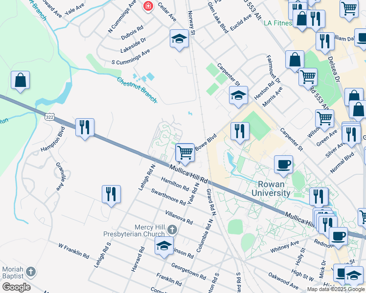 map of restaurants, bars, coffee shops, grocery stores, and more near 10 Beau Rivage Drive in Glassboro