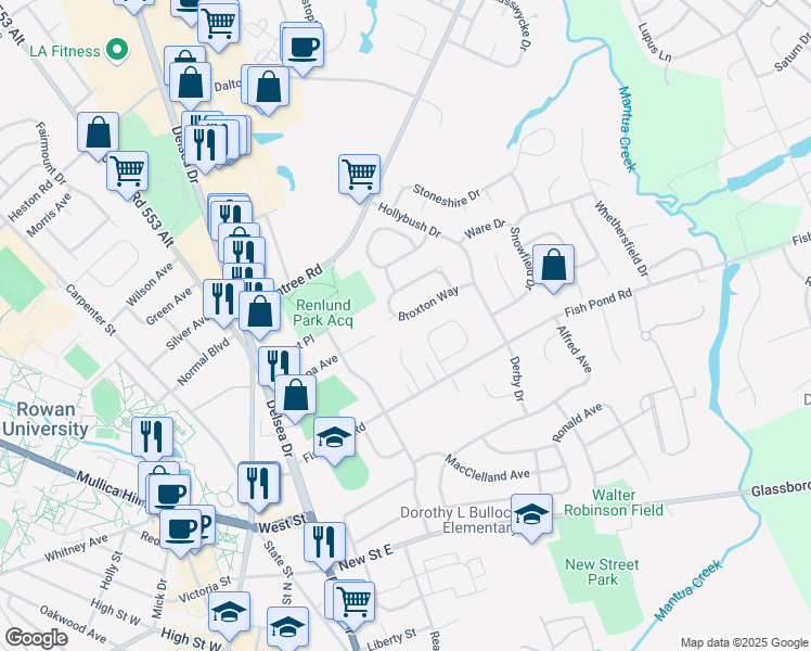 map of restaurants, bars, coffee shops, grocery stores, and more near 21 Broxton Way in Glassboro