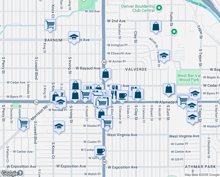 map of restaurants, bars, coffee shops, grocery stores, and more near 221 South Eliot Street in Denver