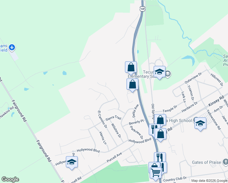 map of restaurants, bars, coffee shops, grocery stores, and more near 2164 Capestrano Drive in Xenia
