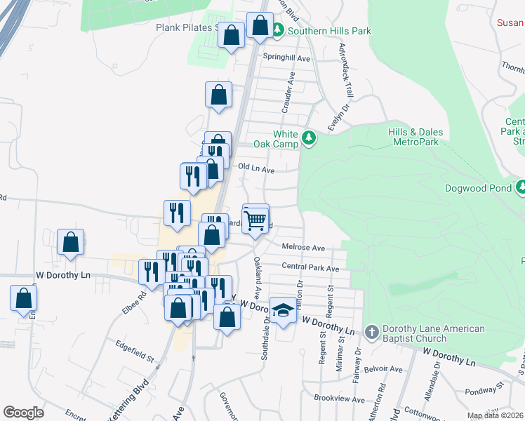 map of restaurants, bars, coffee shops, grocery stores, and more near 2742 Crescent Boulevard in Dayton