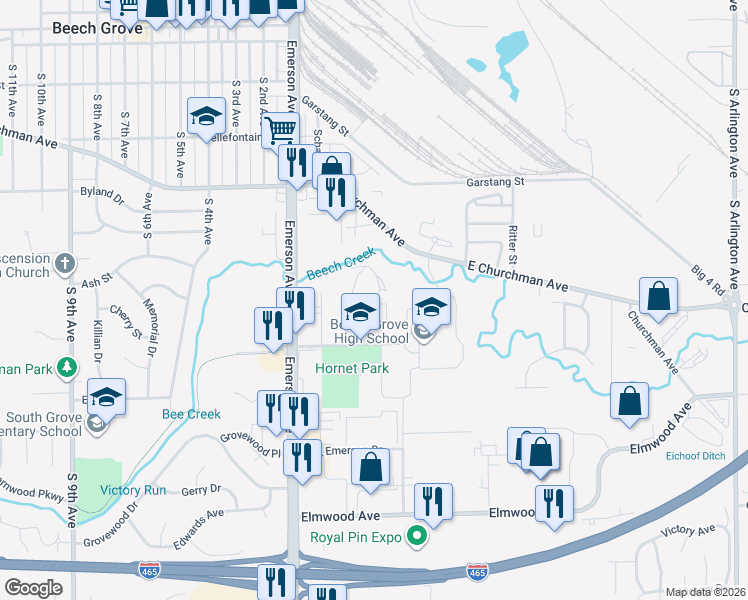 map of restaurants, bars, coffee shops, grocery stores, and more near 121 Diplomat Court in Beech Grove