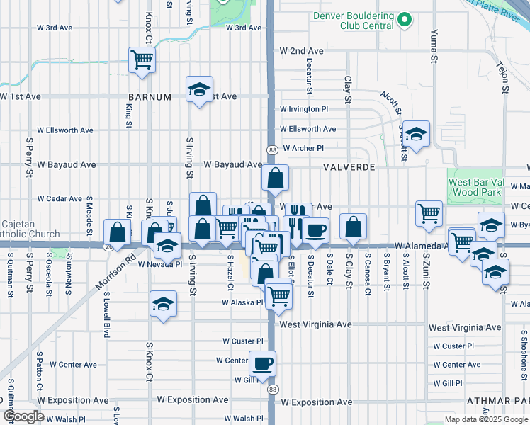 map of restaurants, bars, coffee shops, grocery stores, and more near 225 South Federal Boulevard in Denver