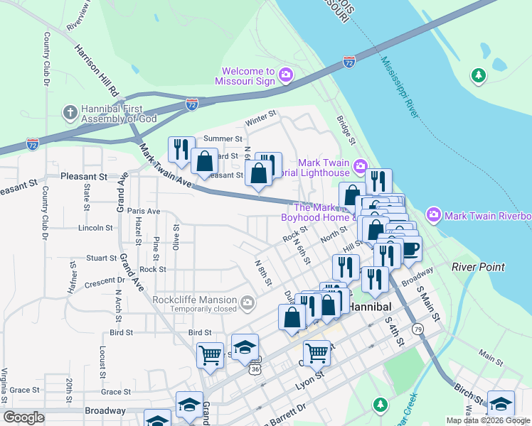 map of restaurants, bars, coffee shops, grocery stores, and more near 704 Butler Street in Hannibal