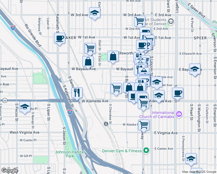 map of restaurants, bars, coffee shops, grocery stores, and more near 221 South Cherokee Street in Denver
