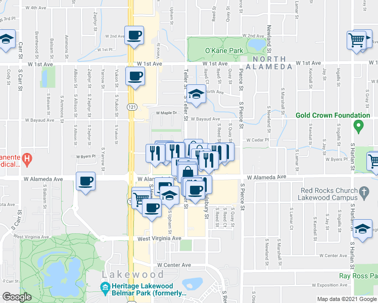 map of restaurants, bars, coffee shops, grocery stores, and more near 7198 West Cedar Avenue in Lakewood