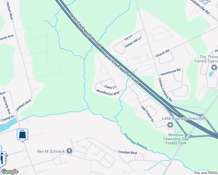 map of restaurants, bars, coffee shops, grocery stores, and more near Fawn Lane in Winslow Township