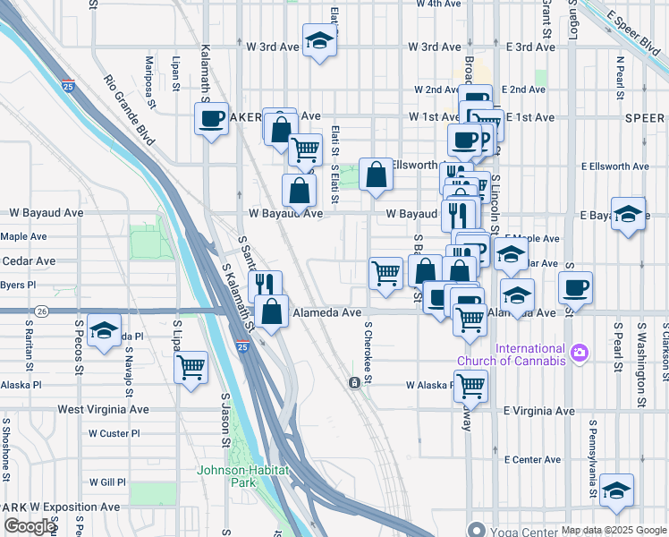 map of restaurants, bars, coffee shops, grocery stores, and more near 500 West Cedar Avenue in Denver