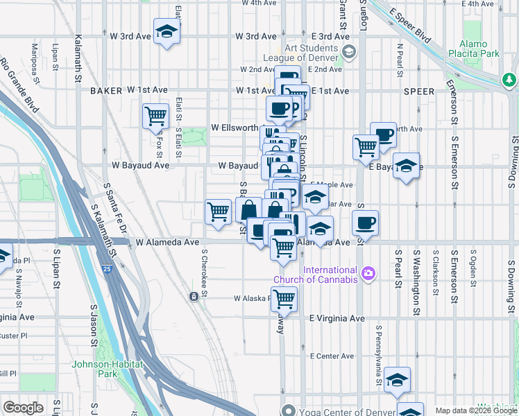 map of restaurants, bars, coffee shops, grocery stores, and more near 75 West Byers Place in Denver