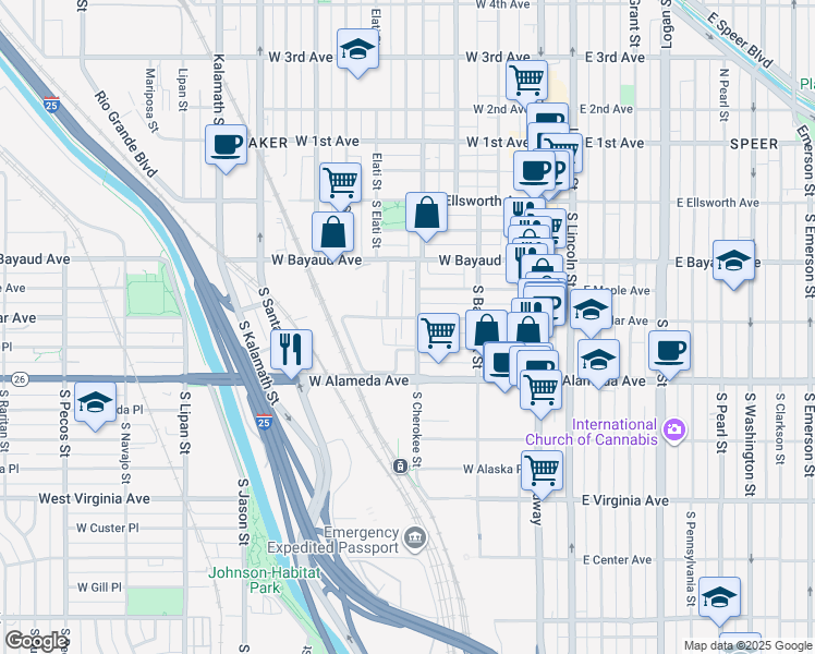 map of restaurants, bars, coffee shops, grocery stores, and more near 221 South Cherokee Street in Denver