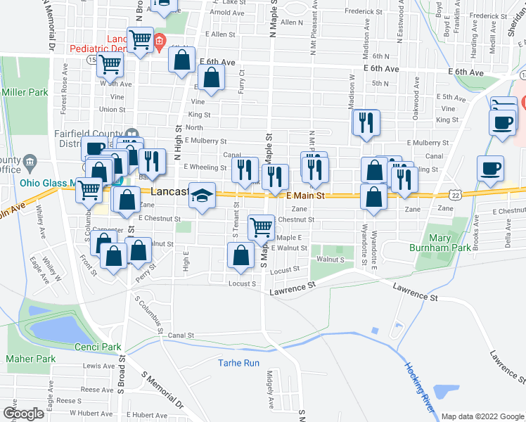 map of restaurants, bars, coffee shops, grocery stores, and more near 1234 Maple in Lancaster