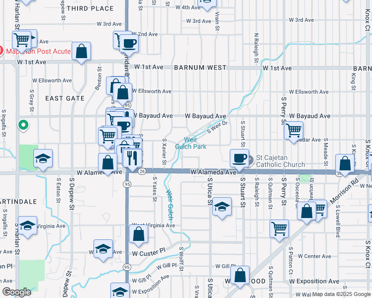 map of restaurants, bars, coffee shops, grocery stores, and more near 4773 West Byers Place in Denver