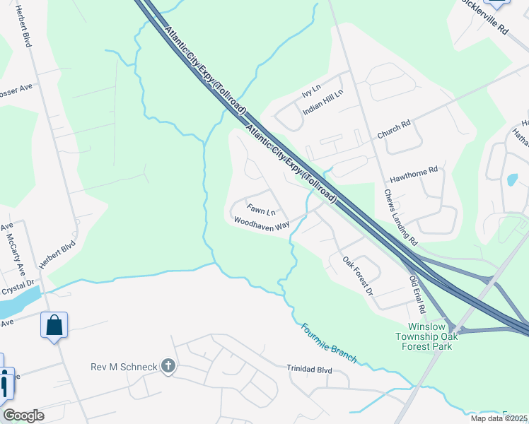 map of restaurants, bars, coffee shops, grocery stores, and more near Fawn Lane in Winslow Township
