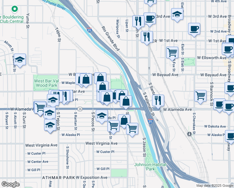 map of restaurants, bars, coffee shops, grocery stores, and more near 1263 West Byers Place in Denver