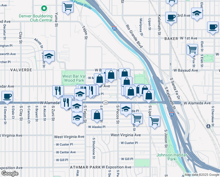 map of restaurants, bars, coffee shops, grocery stores, and more near 1447 West Byers Place in Denver