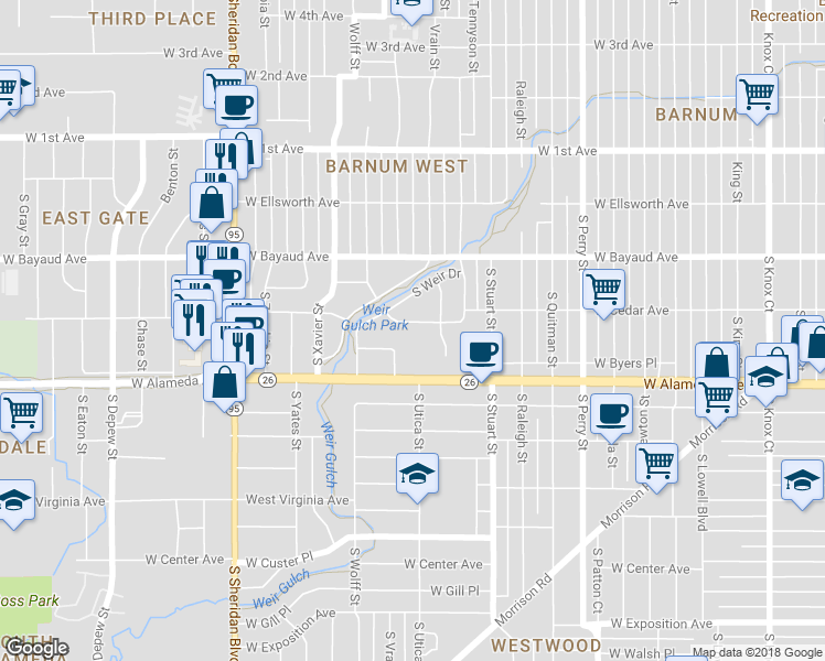 map of restaurants, bars, coffee shops, grocery stores, and more near 4640 West Cedar Avenue in Denver