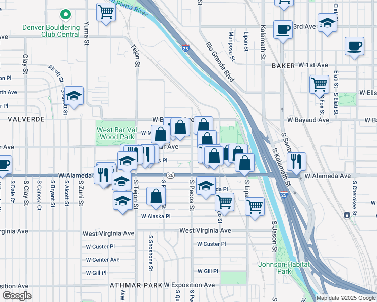 map of restaurants, bars, coffee shops, grocery stores, and more near 240 South Pecos Street in Denver
