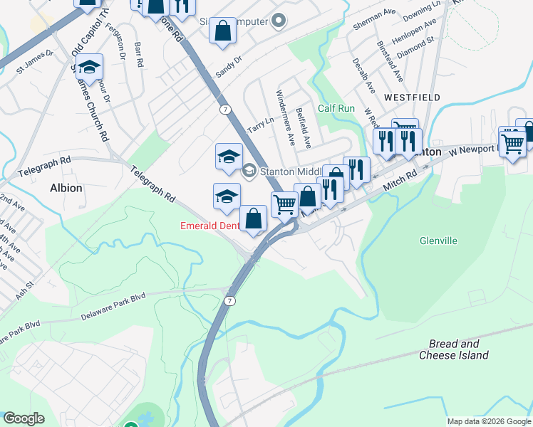 map of restaurants, bars, coffee shops, grocery stores, and more near 539 Stanton Christiana Road in Wilmington