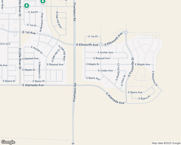 map of restaurants, bars, coffee shops, grocery stores, and more near 26701 East Byers Avenue in Aurora
