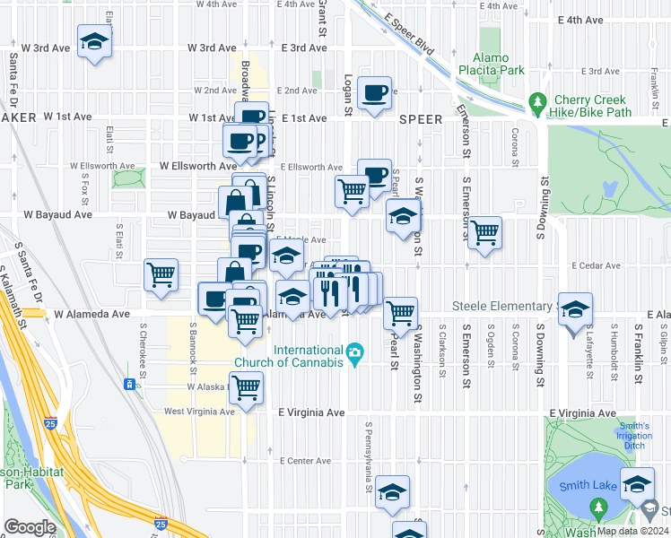 map of restaurants, bars, coffee shops, grocery stores, and more near 228 South Grant Street in Denver