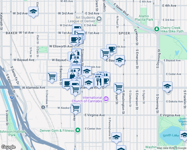 map of restaurants, bars, coffee shops, grocery stores, and more near 212 South Sherman Street in Denver