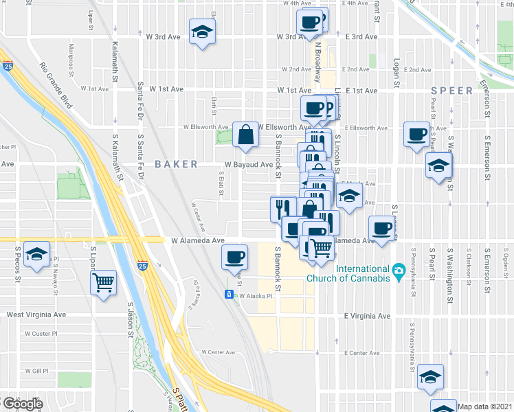 map of restaurants, bars, coffee shops, grocery stores, and more near 137 West Byers Place in Denver