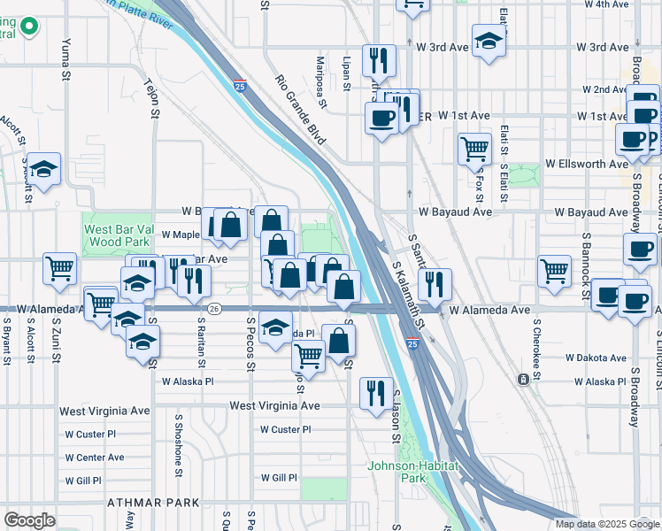 map of restaurants, bars, coffee shops, grocery stores, and more near 1263 West Byers Place in Denver
