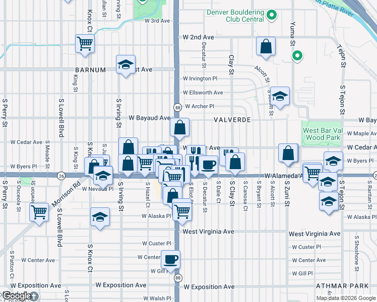 map of restaurants, bars, coffee shops, grocery stores, and more near 221 South Eliot Street in Denver