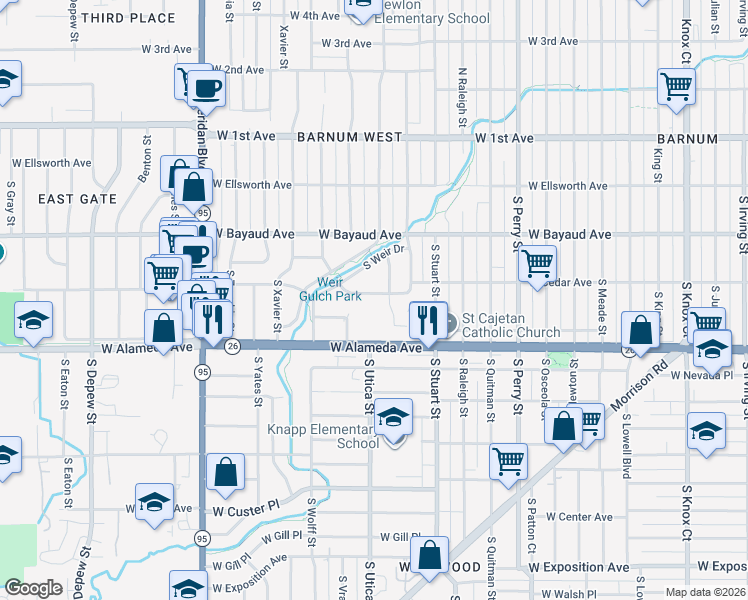 map of restaurants, bars, coffee shops, grocery stores, and more near 4640 West Cedar Avenue in Denver