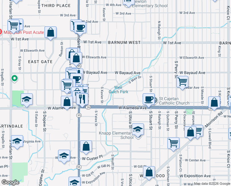 map of restaurants, bars, coffee shops, grocery stores, and more near 4773 West Byers Place in Denver