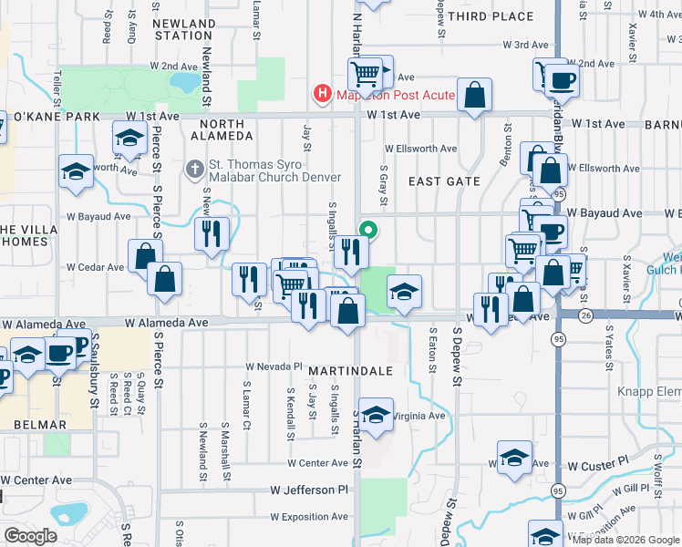 map of restaurants, bars, coffee shops, grocery stores, and more near 245 South Harlan Street in Lakewood