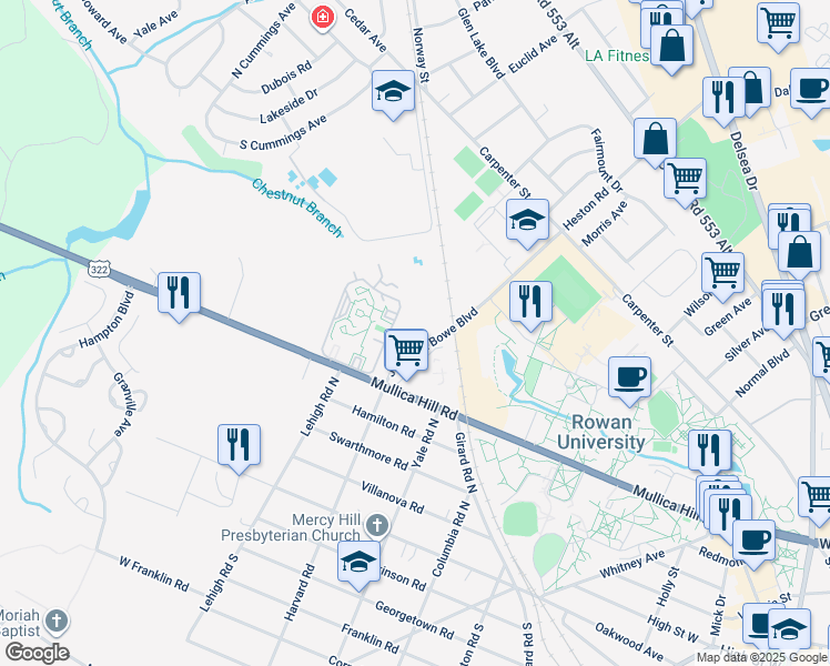 map of restaurants, bars, coffee shops, grocery stores, and more near 61 Beau Rivage Drive in Glassboro