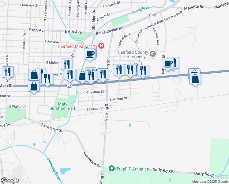 map of restaurants, bars, coffee shops, grocery stores, and more near 208 South Ewing Street in Lancaster