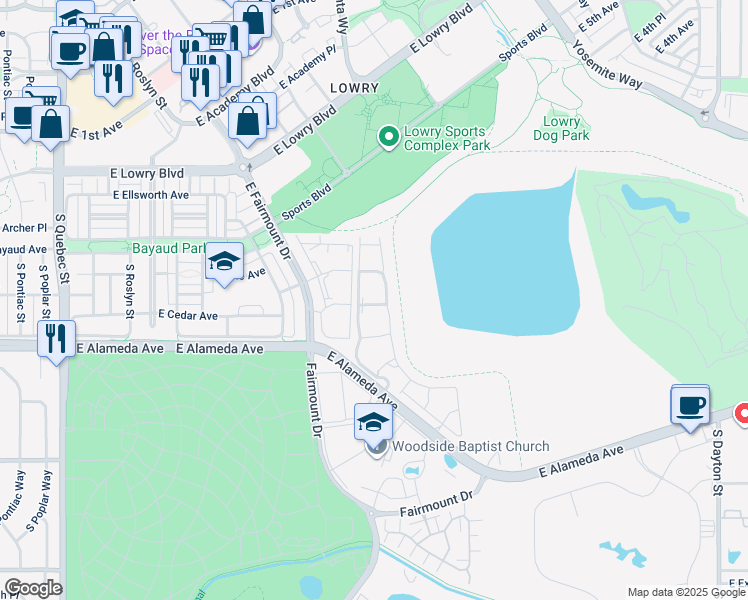 map of restaurants, bars, coffee shops, grocery stores, and more near 8501 East Alameda Avenue in Denver