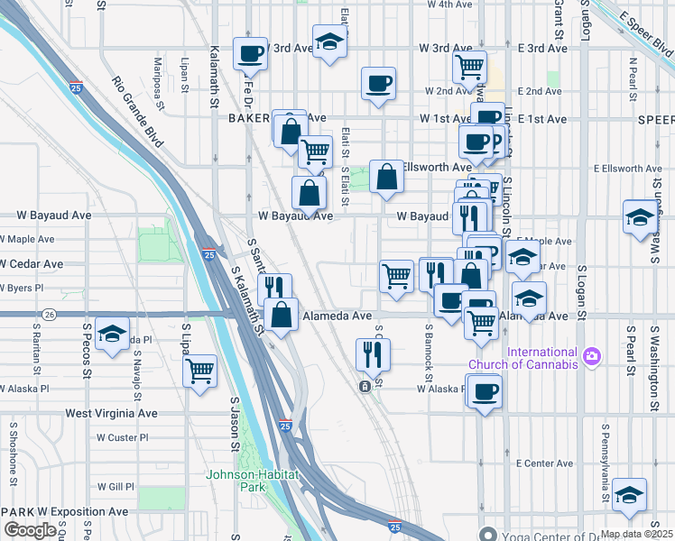 map of restaurants, bars, coffee shops, grocery stores, and more near 512 West Cedar Avenue in Denver