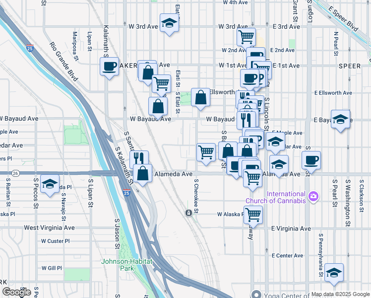 map of restaurants, bars, coffee shops, grocery stores, and more near 420 West Cedar Avenue in Denver