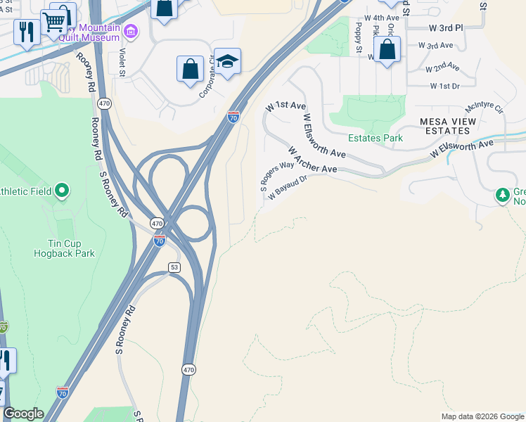 map of restaurants, bars, coffee shops, grocery stores, and more near 197 South Rogers Way in Golden