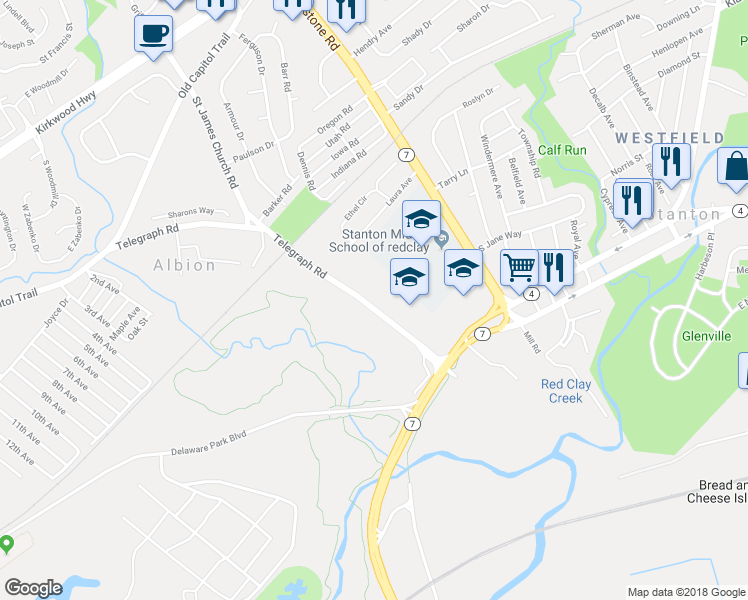 map of restaurants, bars, coffee shops, grocery stores, and more near 1701 Telegraph Road in Wilmington