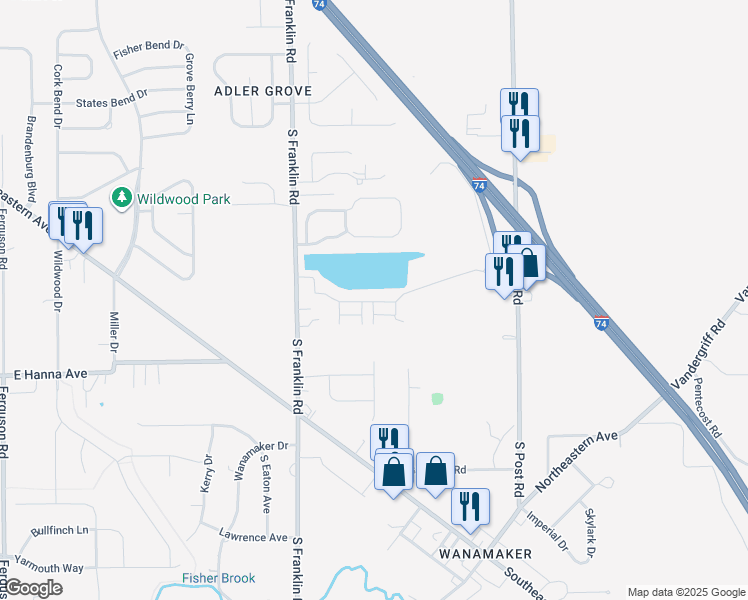map of restaurants, bars, coffee shops, grocery stores, and more near 8635 Shadow Ridge Lane in Indianapolis