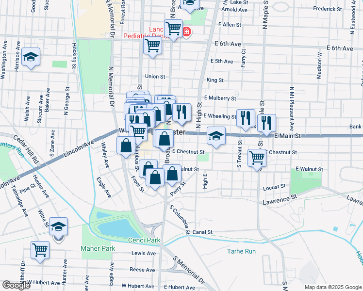 map of restaurants, bars, coffee shops, grocery stores, and more near 135 East Chestnut Street in Lancaster