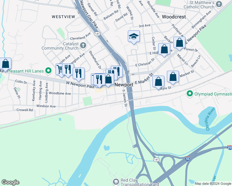 map of restaurants, bars, coffee shops, grocery stores, and more near 20 South John Street in Newport